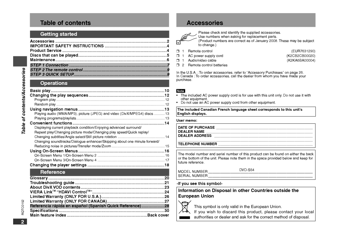 Panasonic DVD-S54 warranty Table of contents, Accessories 