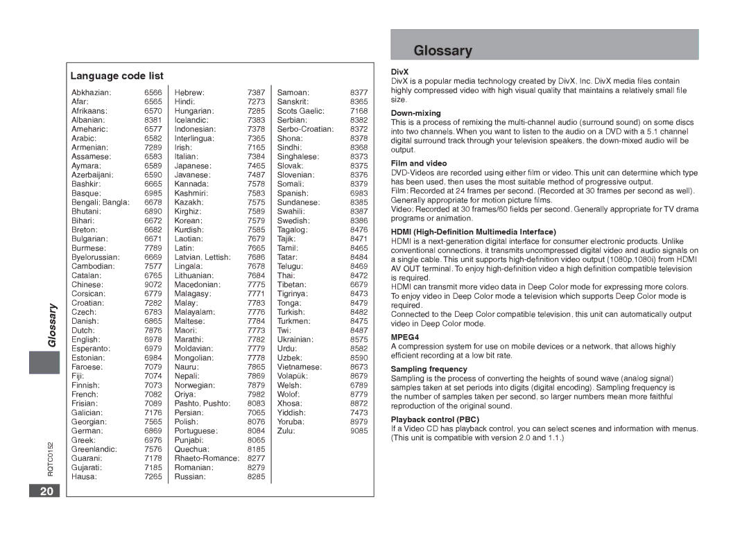 Panasonic DVD-S54 warranty Glossary, Language code list, MPEG4 