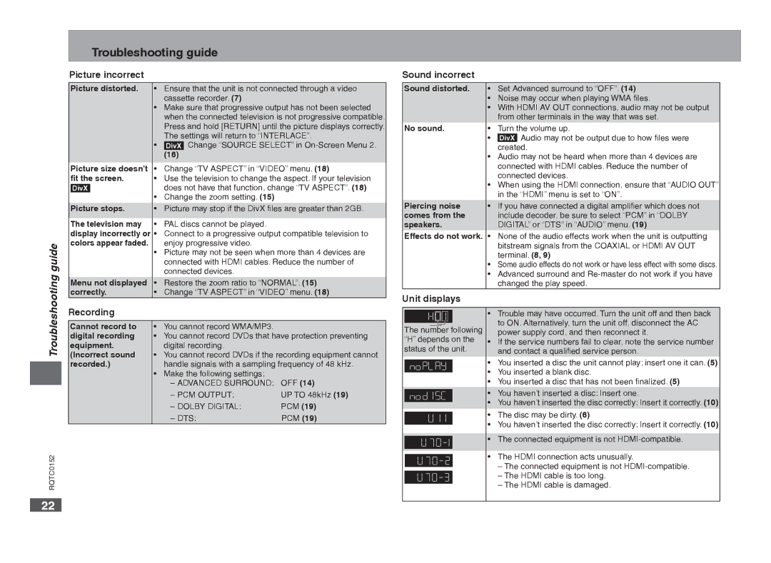 Panasonic DVD-S54 warranty Troubleshooting guide, Guide, Picture incorrect Sound incorrect, Unit displays, Recording 