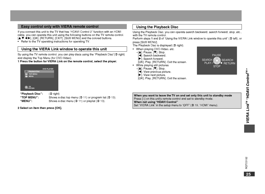 Panasonic DVD-S54 warranty Easy control only with Viera remote control, Using the Playback Disc, ControlTM 