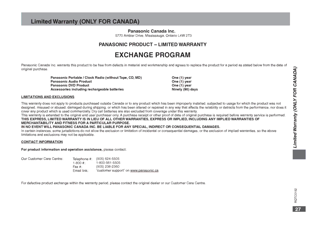 Panasonic DVD-S54 Limited Warranty only for Canada, Panasonic Canada Inc, Limitations and Exclusions, Contact Information 