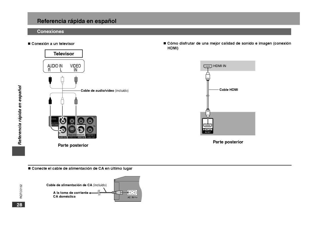 Panasonic DVD-S54 warranty Referencia rápida en español, Conexiones, Televisor, Parte posterior,  Conexión a un televisor 