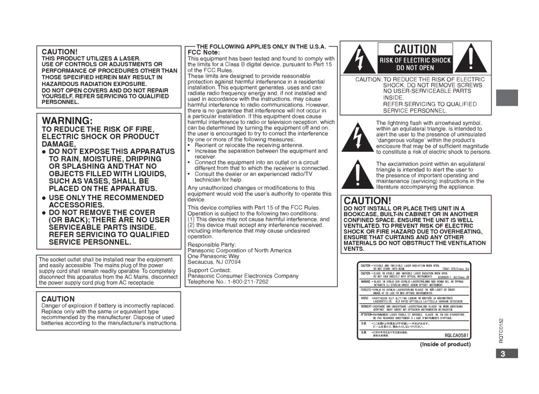 Panasonic DVD-S54 warranty FCC Note, Following Applies only in the U.S.A, Inside of product 