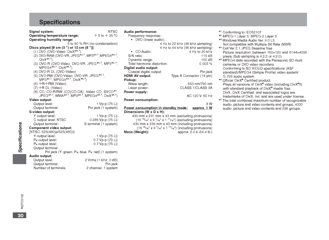 Panasonic DVD-S54 warranty Speciﬁcations, Ntsc 