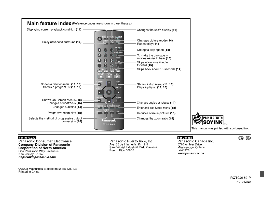 Panasonic DVD-S54 warranty Corporation of North America, Shows a program list Plays a playlist 11, En Sp, H0108ZN0 