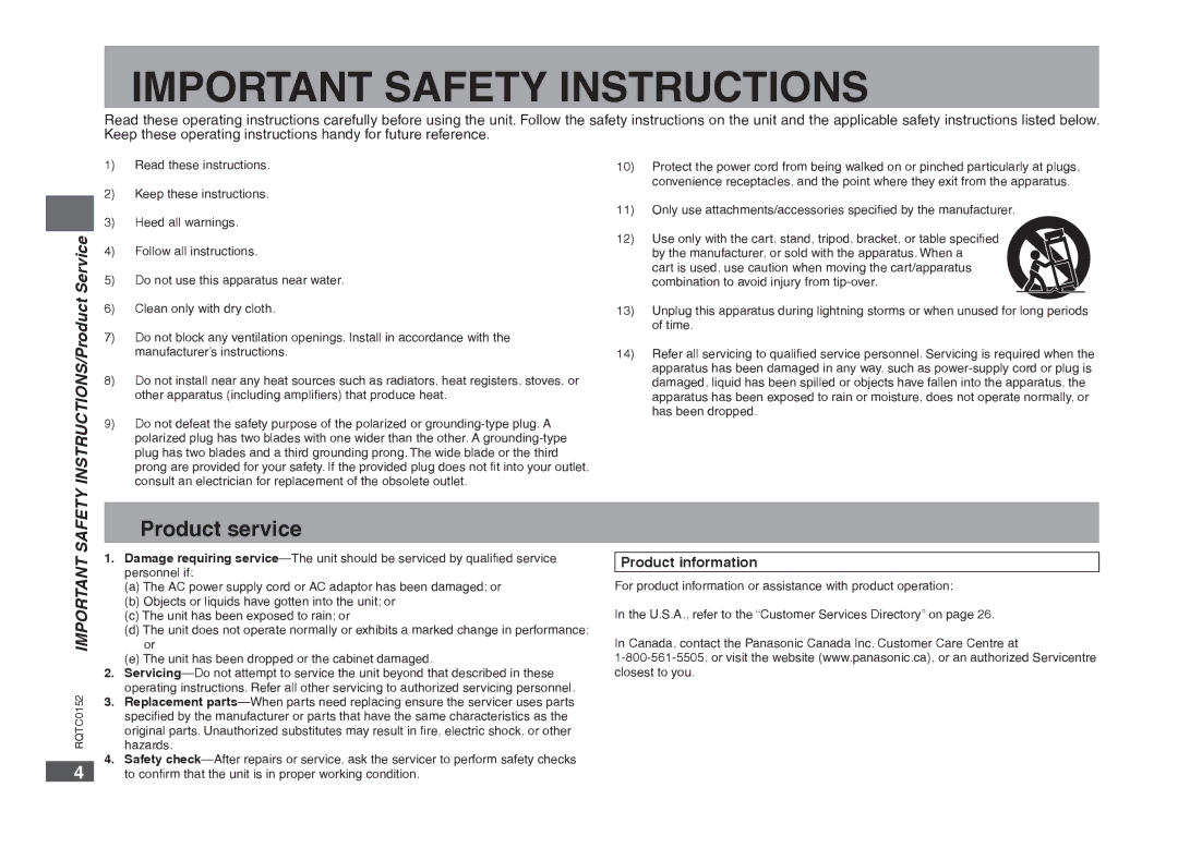 Panasonic DVD-S54 warranty Product service, INSTRUCTIONS/Product Service, Product information 