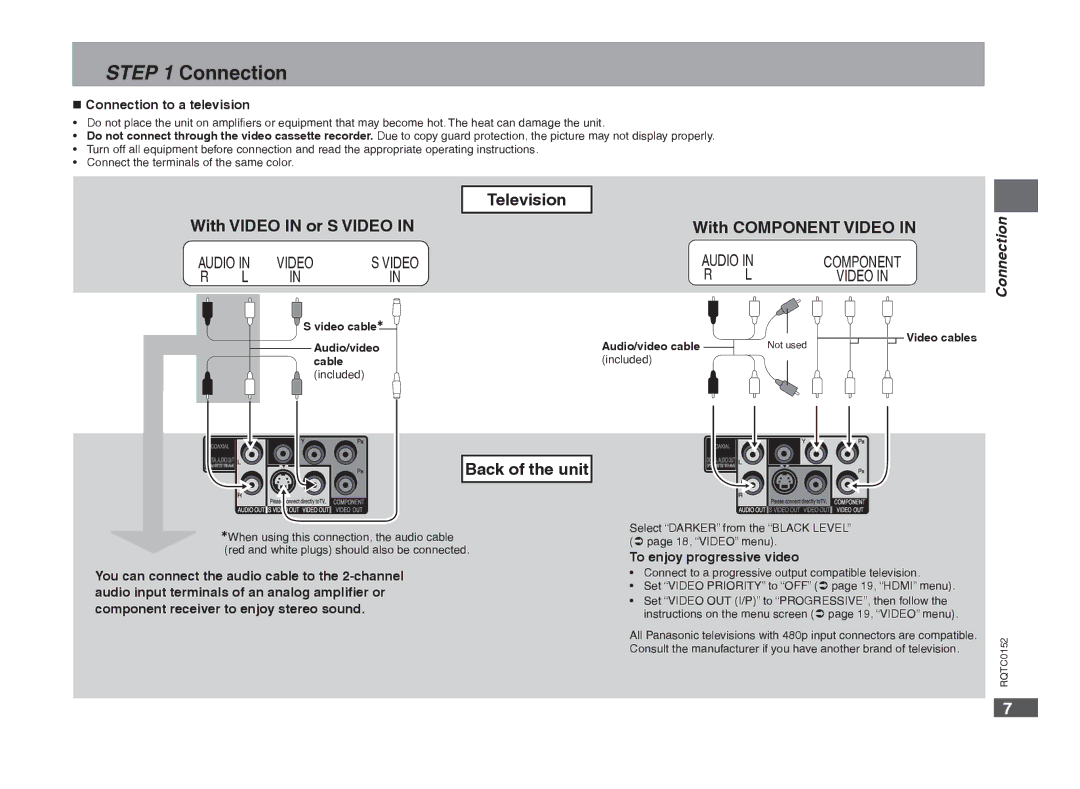 Panasonic DVD-S54 warranty Connection, Television With Video in or S Video, Back of the unit, With Component Video 