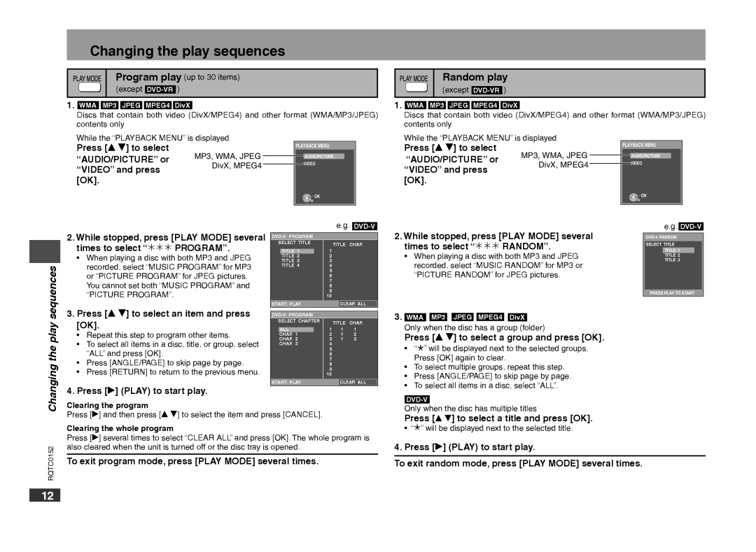 Panasonic DVD-S54 Changing the play sequences, Random play, Press e r to select, “AUDIO/PICTURE” or, “VIDEO” and press 