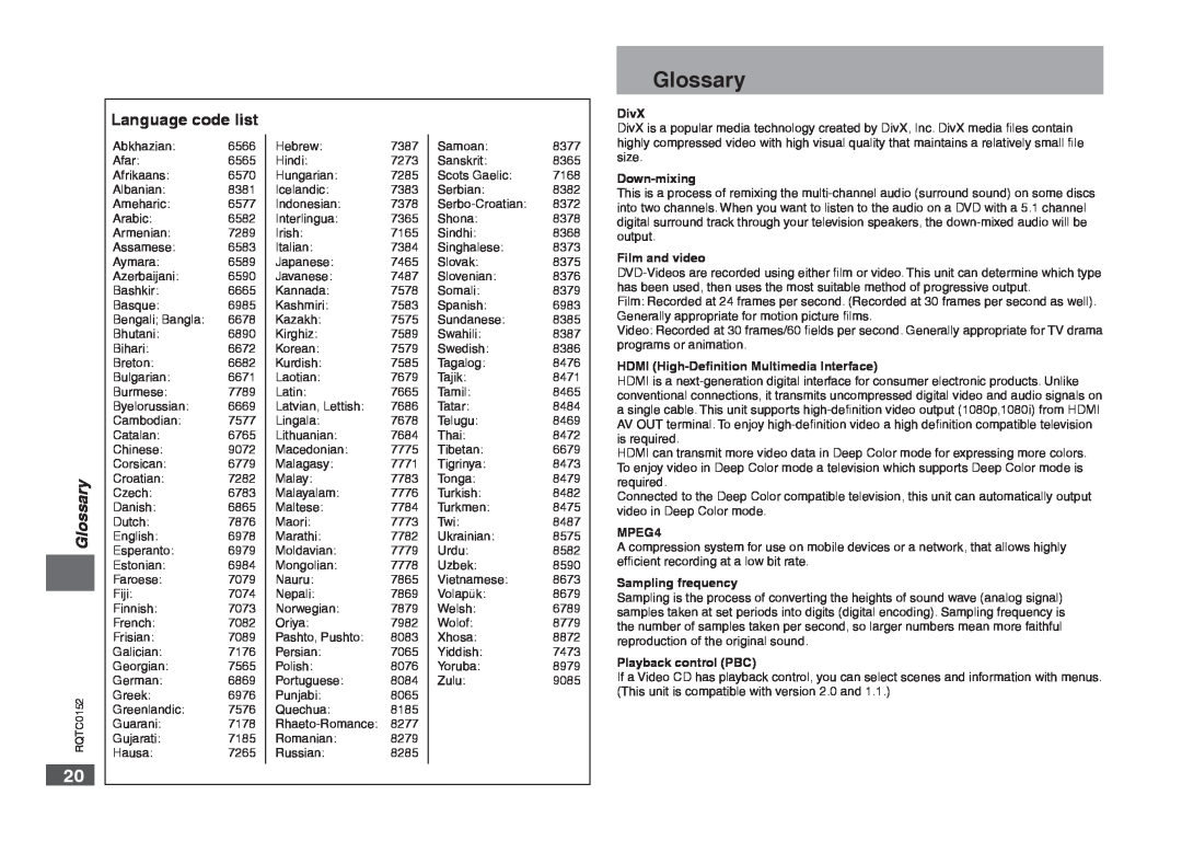 Panasonic DVD-S54 warranty Glossary, Language code list 