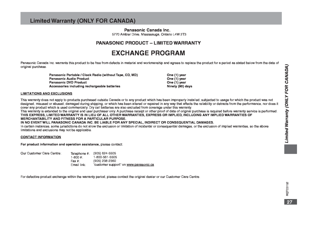 Panasonic DVD-S54 warranty Exchange Program, Limited Warranty ONLY FOR CANADA, Panasonic Product - Limited Warranty 