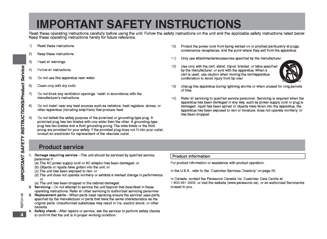 Panasonic DVD-S54 warranty Product service, INSTRUCTIONS/Product Service, RQTC0152 IMPORTANT SAFETY, Product information 