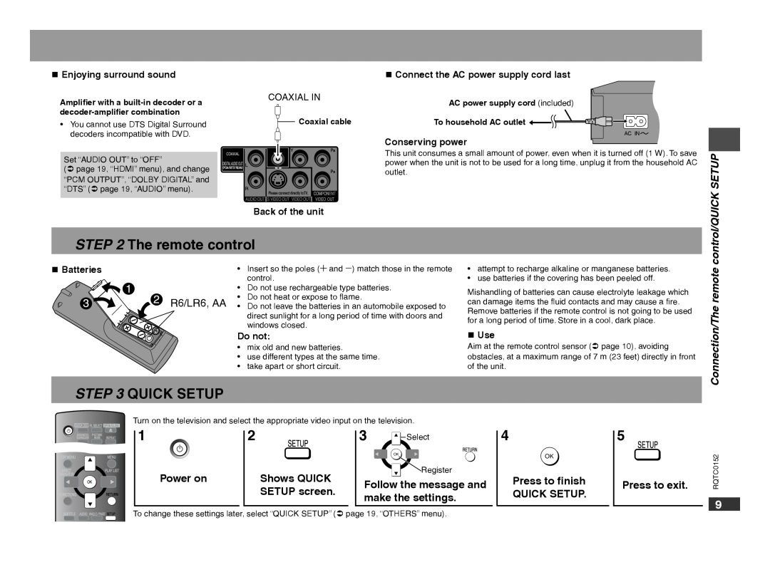 Panasonic DVD-S54 The remote control, Quick Setup, control/QUICK SETUP, R6/LR6, AA, Connection/The remote, Power on,  Use 