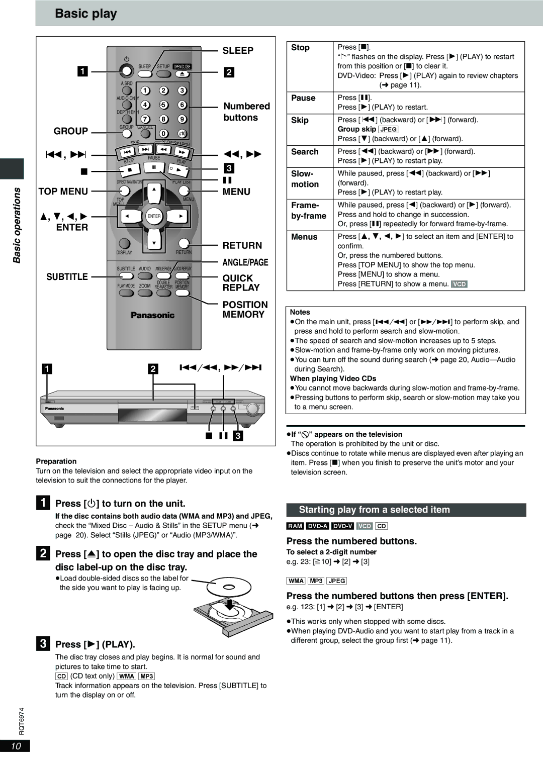 Panasonic DVD-S55 warranty Basic play, Operations 