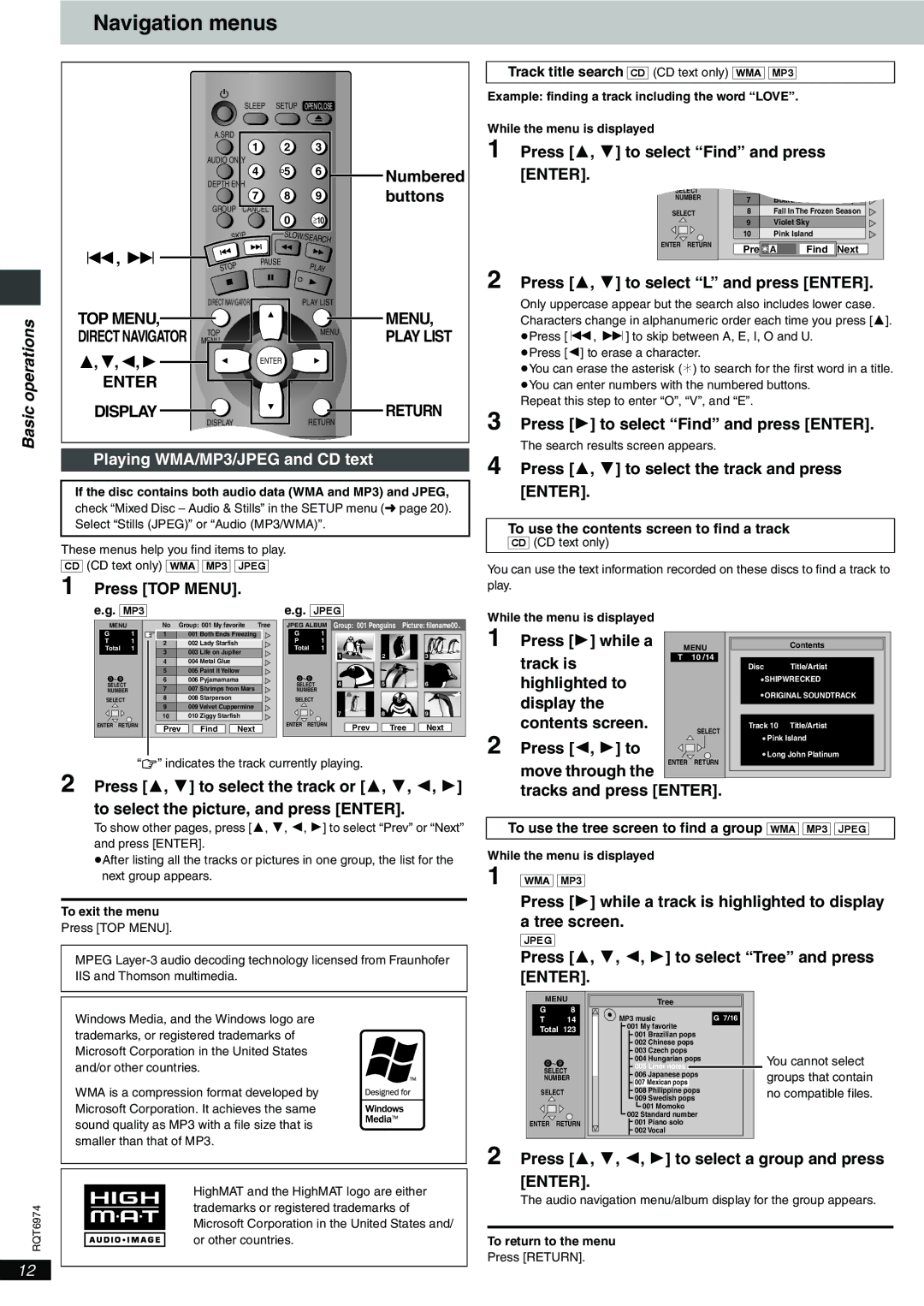 Panasonic DVD-S55 warranty Navigation menus, Play List, Display, Playing WMA/MP3/JPEG and CD text 