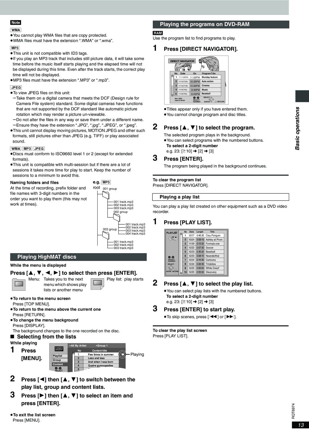 Panasonic DVD-S55 warranty Playing the programs on DVD-RAM, Basic operations, Playing HighMAT discs 