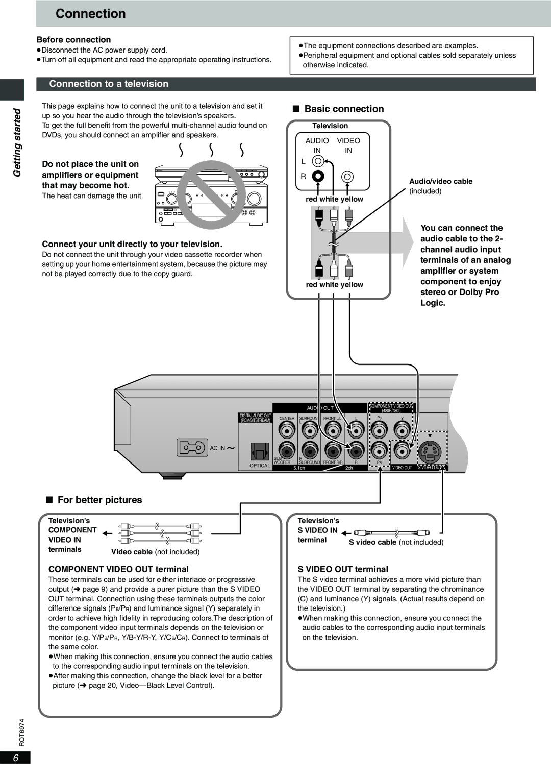 Panasonic DVD-S55 warranty Connection to a television, Basic connection, For better pictures 