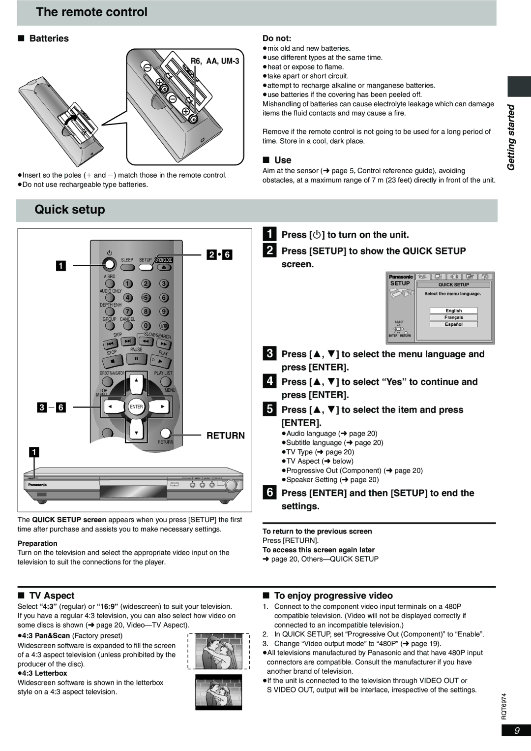 Panasonic DVD-S55 warranty Remote control, Quick setup, Return 