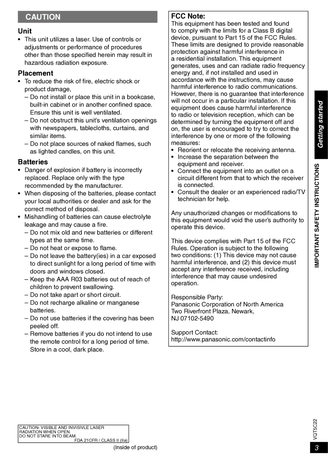 Panasonic DVD-S500, DVD-S700 owner manual Placement, Batteries, FCC Note 