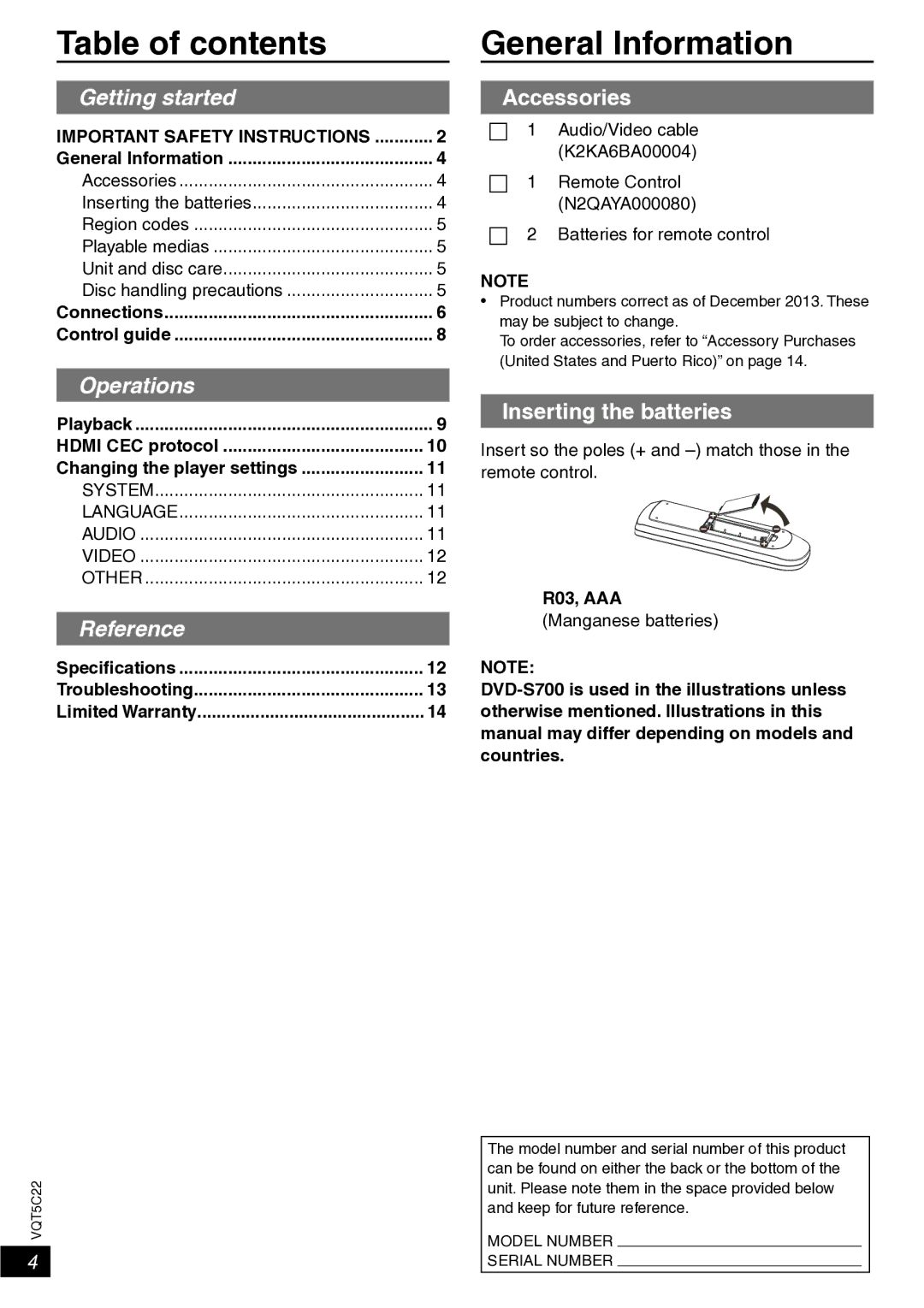 Panasonic DVD-S700, DVD-S500 owner manual General Information, Table of contents 