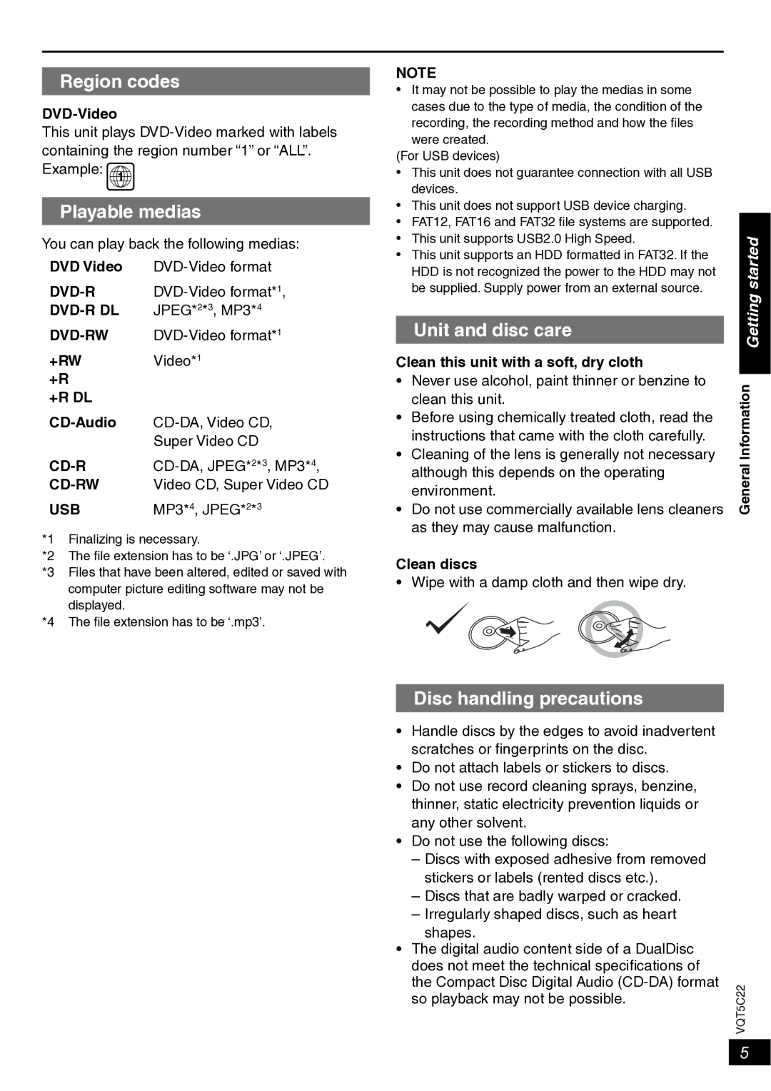 Panasonic DVD-S500, DVD-S700 owner manual Region codes, Playable medias, Unit and disc care, Disc handling precautions 