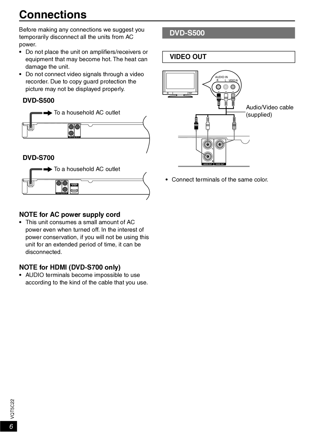 Panasonic DVD-S700 owner manual Connections, DVD-S500 