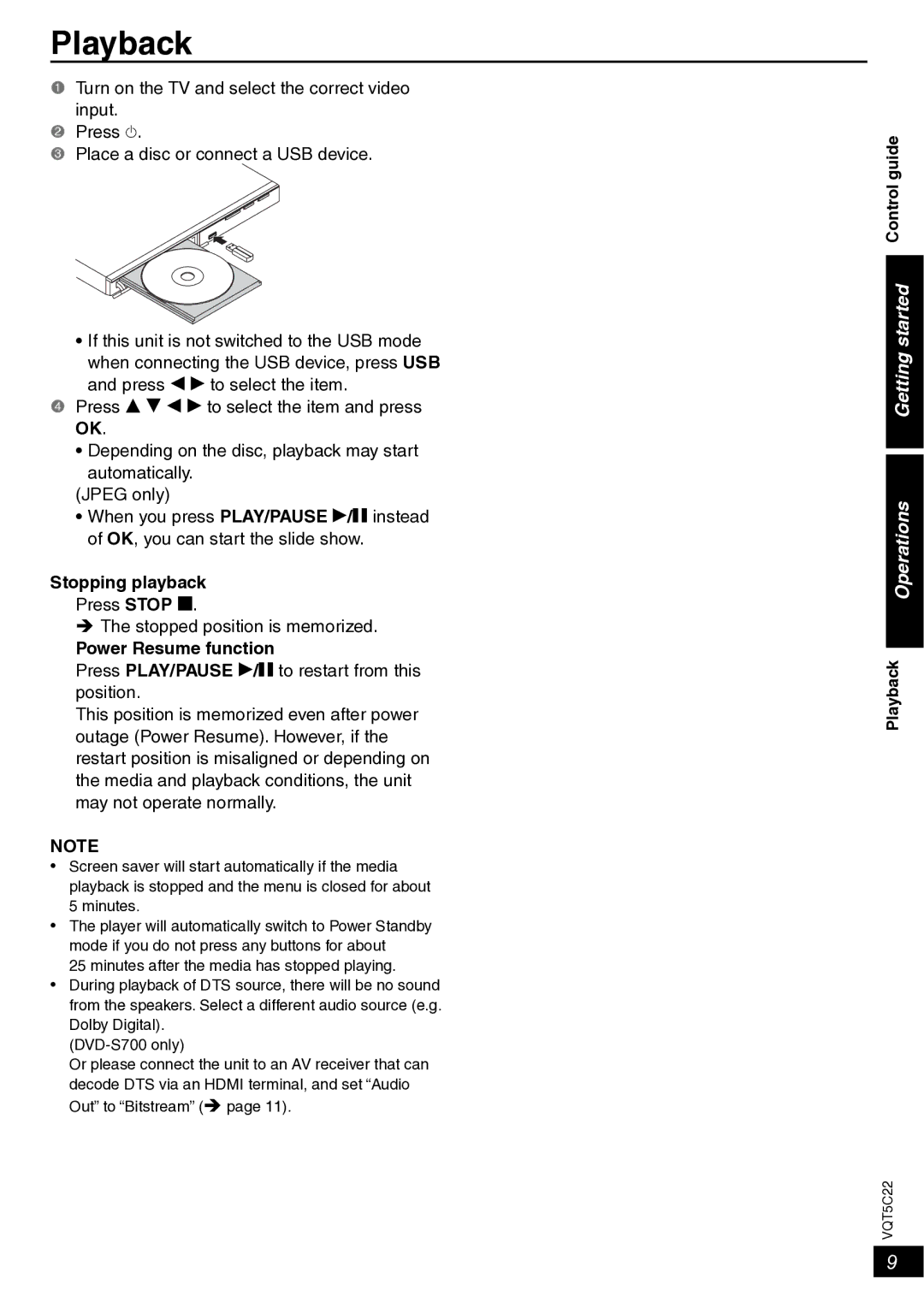 Panasonic DVD-S500, DVD-S700 owner manual Playback, Stopping playback, Power Resume function 