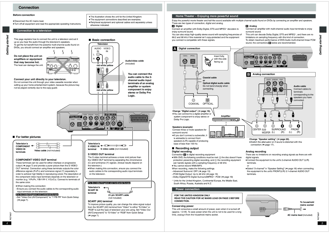 Panasonic DVD-S75 operating instructions Connection, Started, Getting 