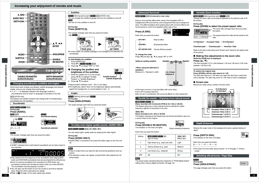 Panasonic DVD-S75 operating instructions Increasing your enjoyment of movies and music, Love you, Advanced operations 