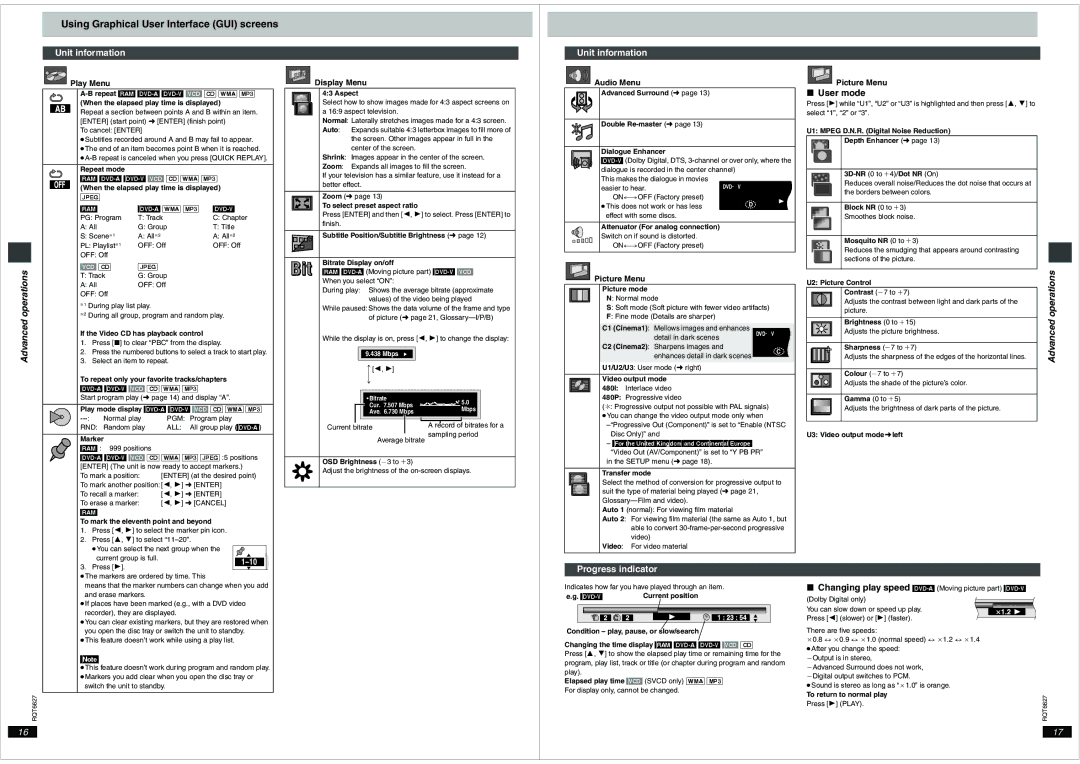 Panasonic DVD-S75 Using Graphical User Interface GUI screens, Unit information, User mode, Progress indicator 