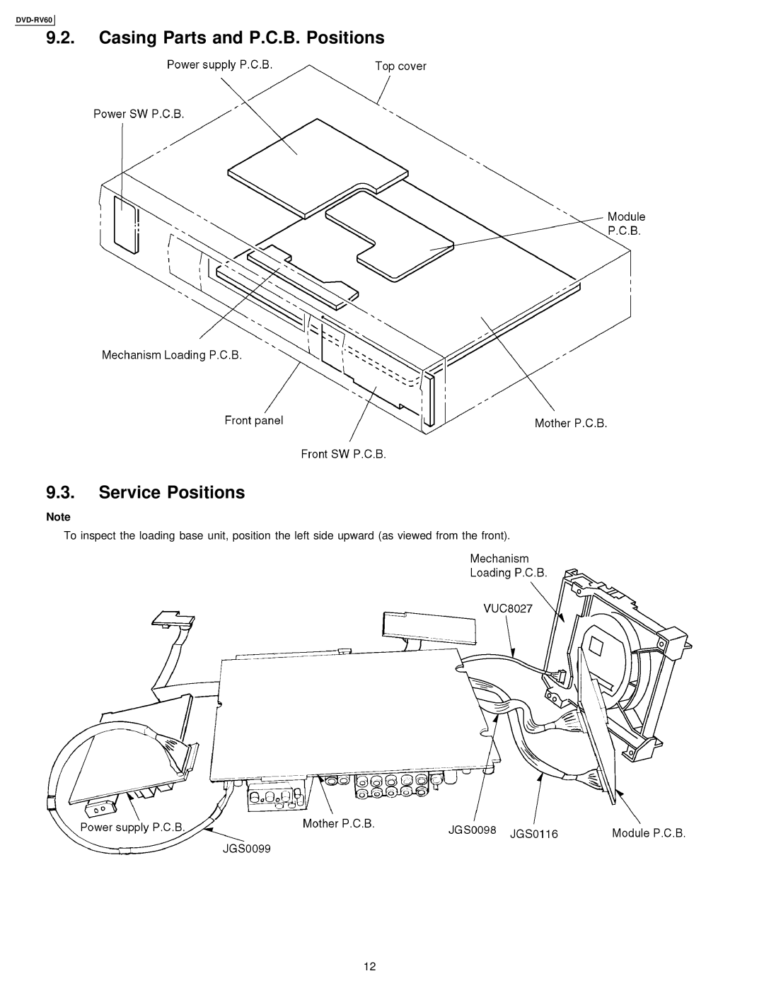 Panasonic DVDRV60 specifications Casing Parts and P.C.B. Positions Service Positions 