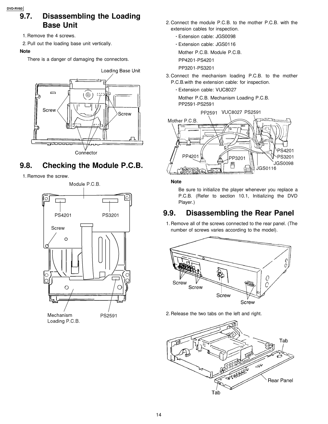 Panasonic DVDRV60 Disassembling the Loading Base Unit, Checking the Module P.C.B, Disassembling the Rear Panel 