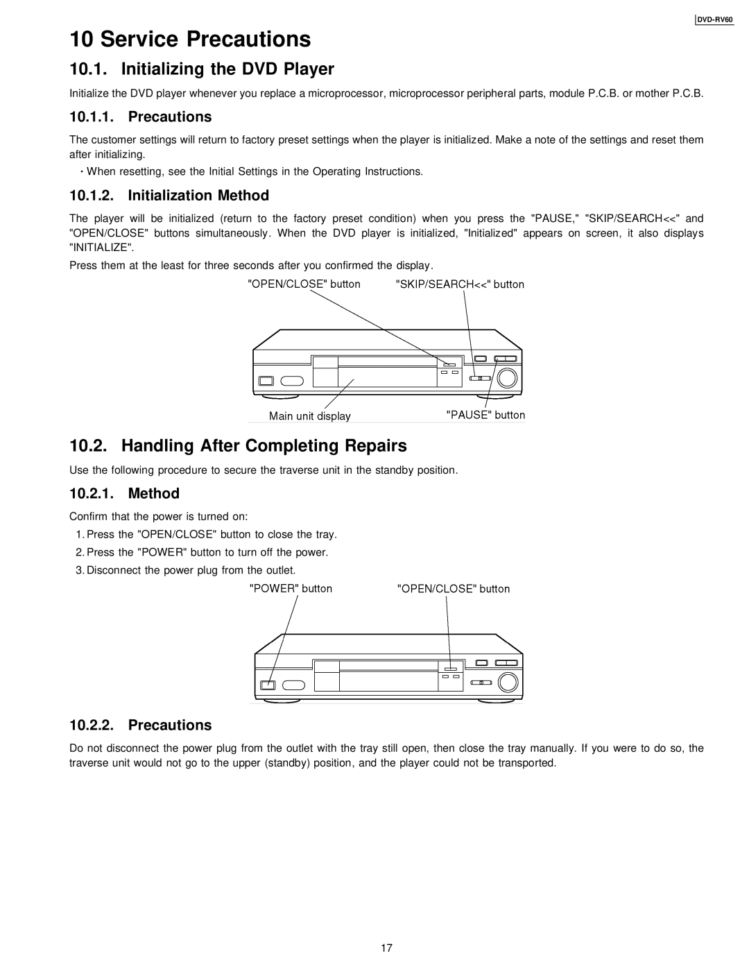 Panasonic DVDRV60 specifications Initializing the DVD Player, Handling After Completing Repairs 