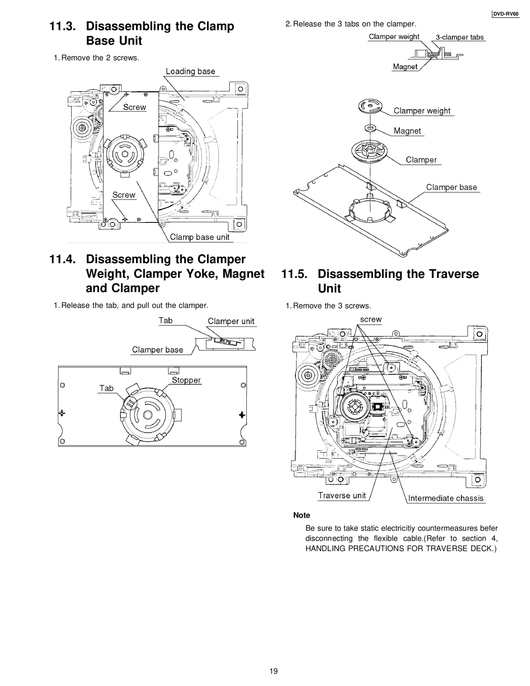 Panasonic DVDRV60 specifications Disassembling the Clamp Base Unit, Disassembling the Traverse Unit 