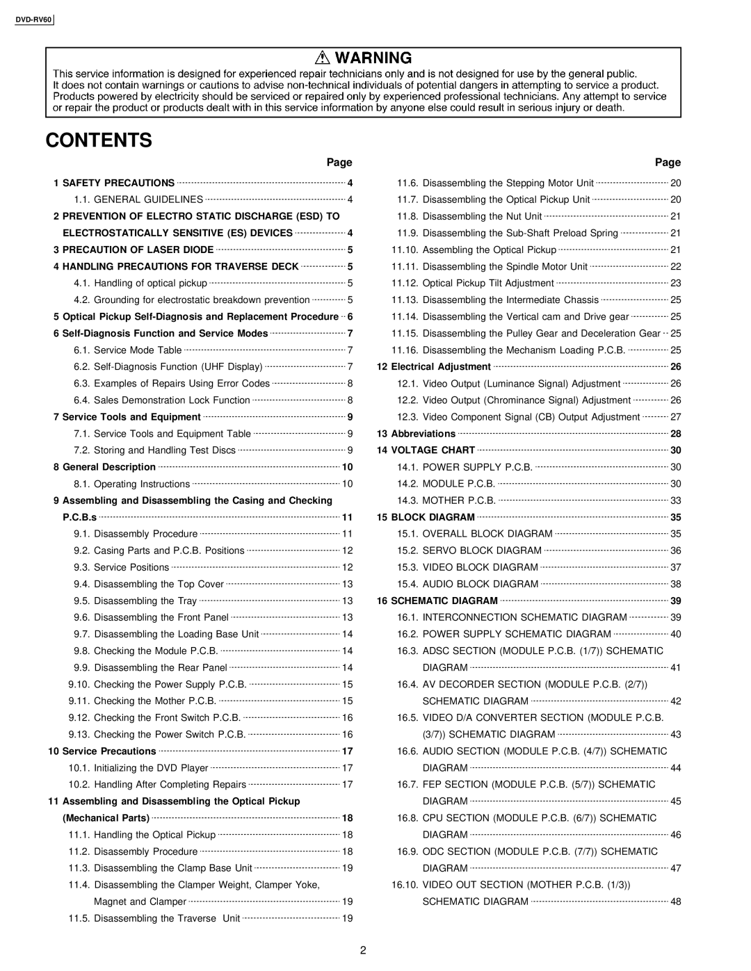 Panasonic DVDRV60 specifications Contents 