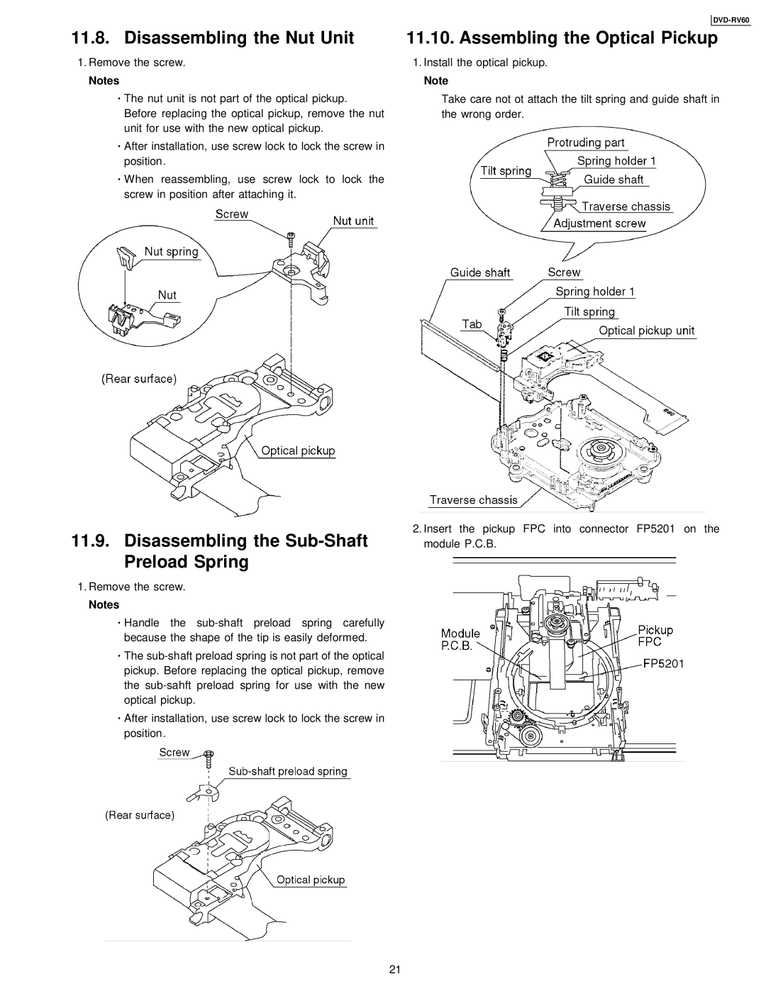 Panasonic DVDRV60 Disassembling the Nut Unit, Disassembling the Sub-Shaft Preload Spring, Assembling the Optical Pickup 