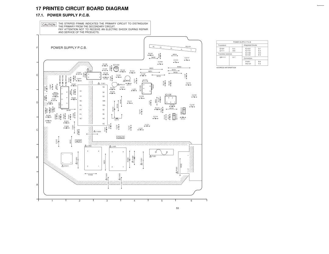 Panasonic DVDRV60 specifications Printed Circuit Board Diagram, Power Supply P.C.B 