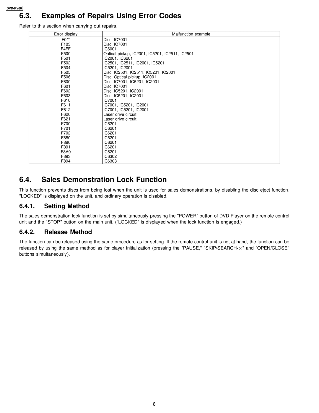 Panasonic DVDRV60 specifications Examples of Repairs Using Error Codes, Sales Demonstration Lock Function 