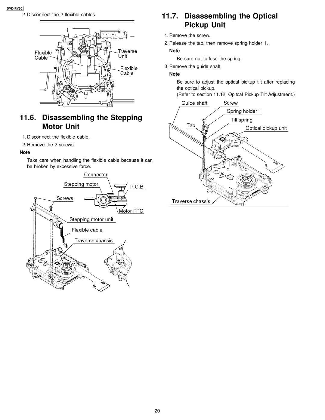 Panasonic DVDRV60 specifications Disassembling the Optical Pickup Unit, Disassembling the Stepping Motor Unit 