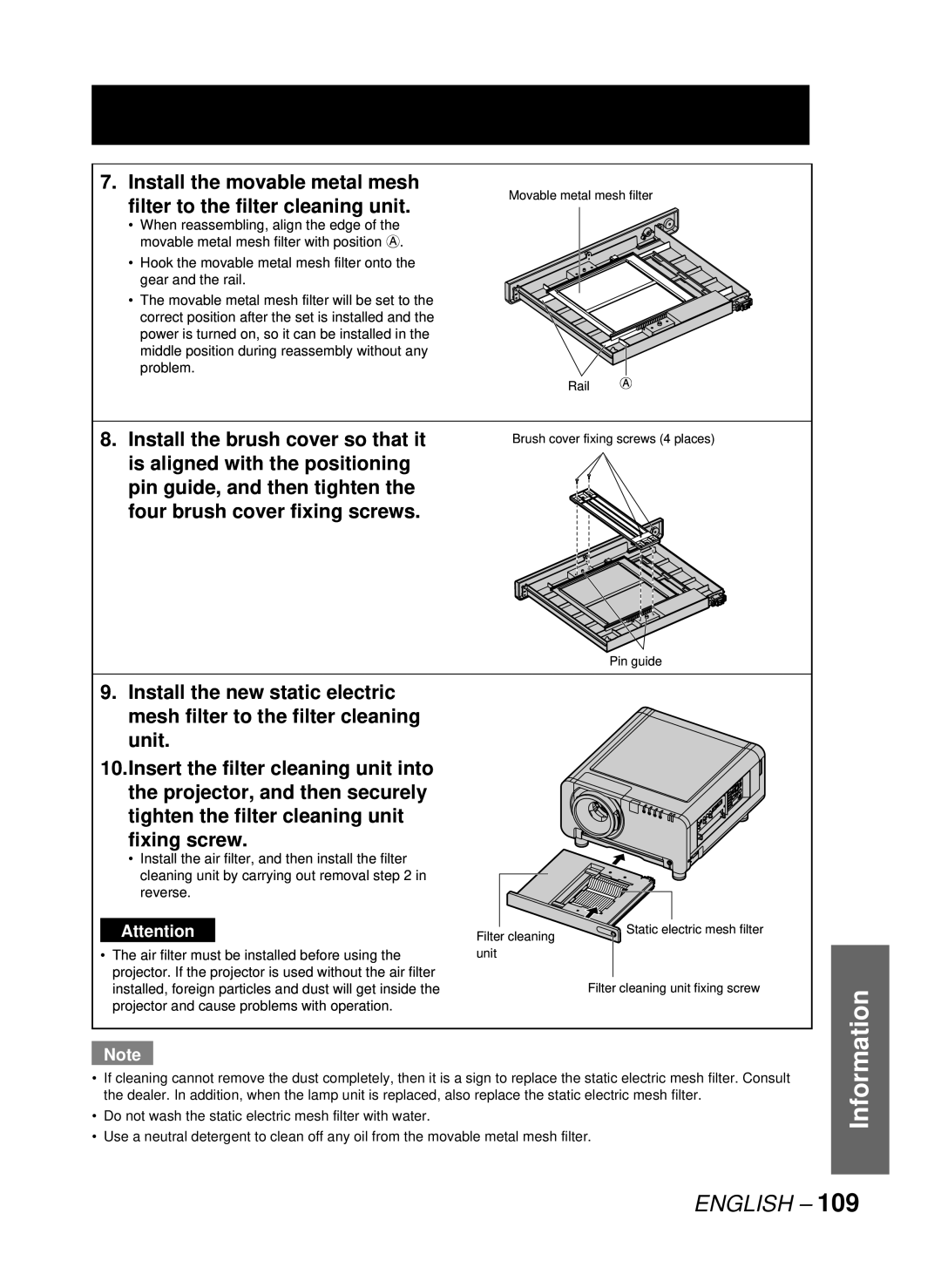 Panasonic PT-D10000U, DW10000U manual Install the movable metal mesh, Filter to the filter cleaning unit 