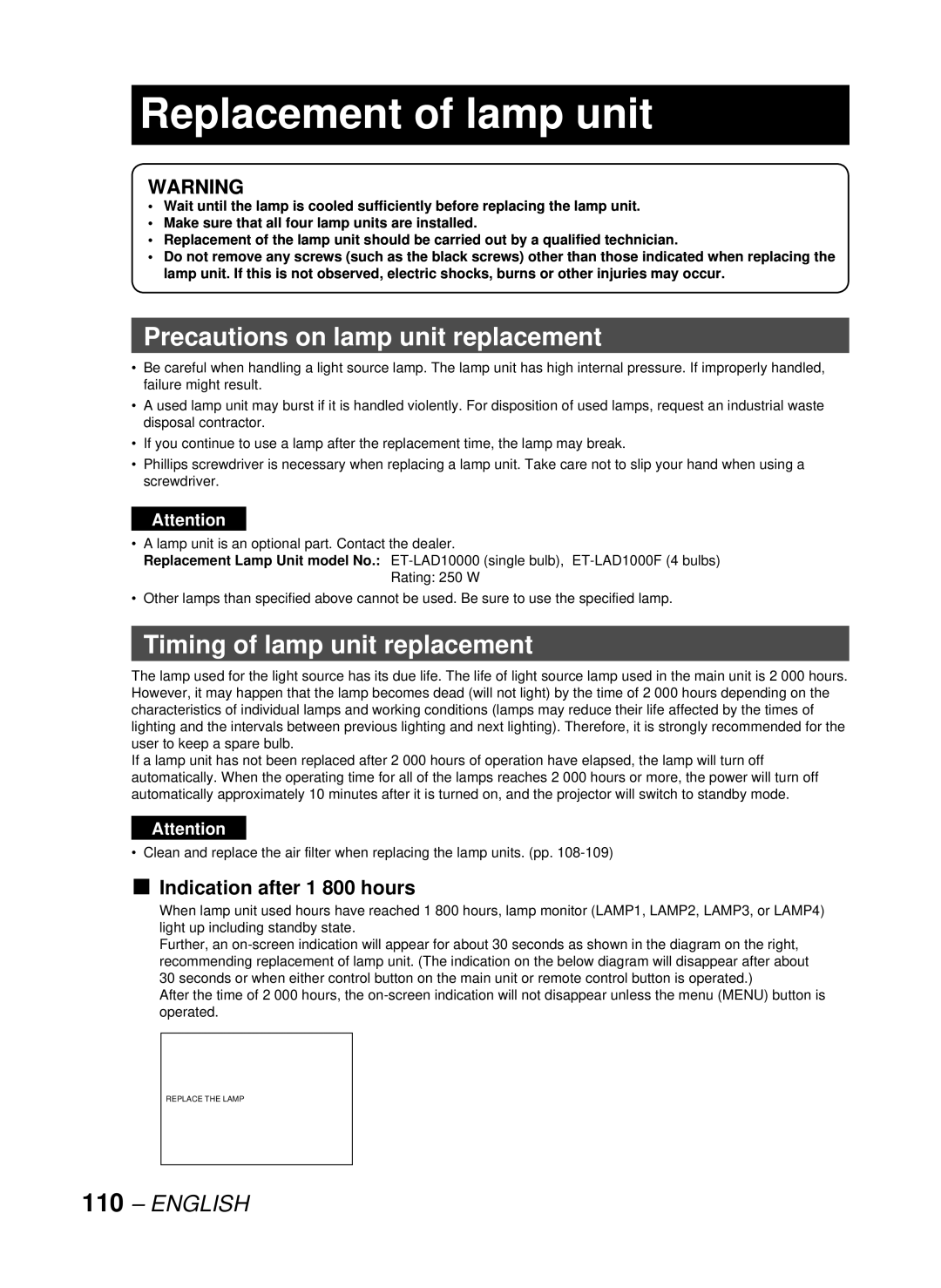 Panasonic DW10000U manual Replacement of lamp unit, Precautions on lamp unit replacement, Timing of lamp unit replacement 