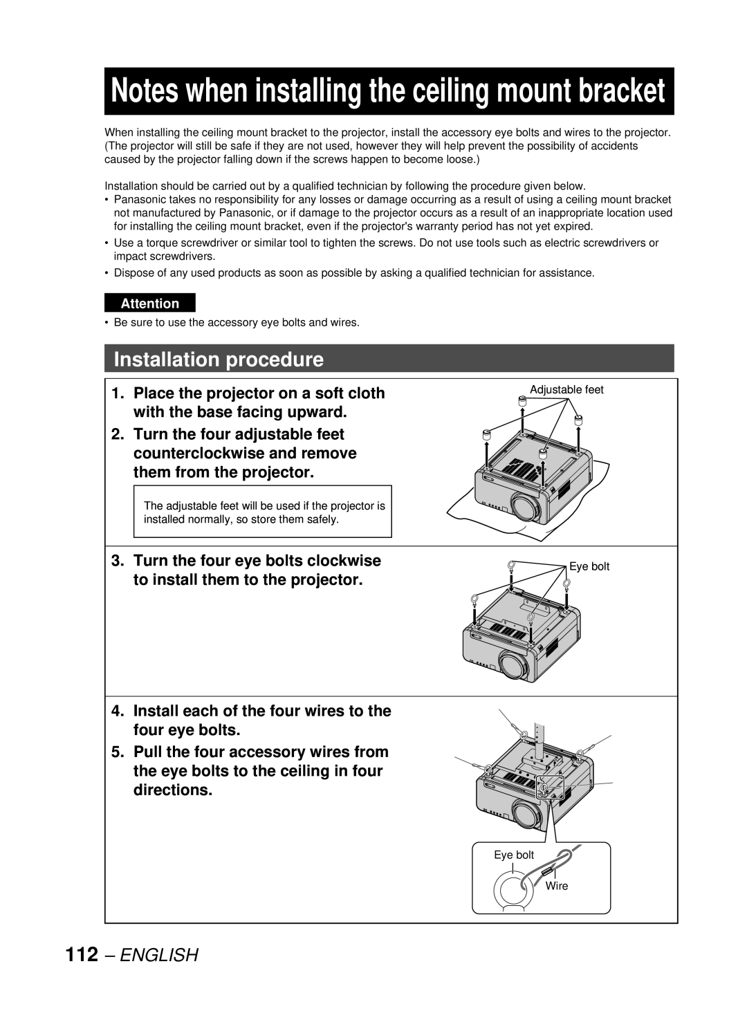 Panasonic DW10000U, PT-D10000U manual Installation procedure, Eye bolt, Wire 