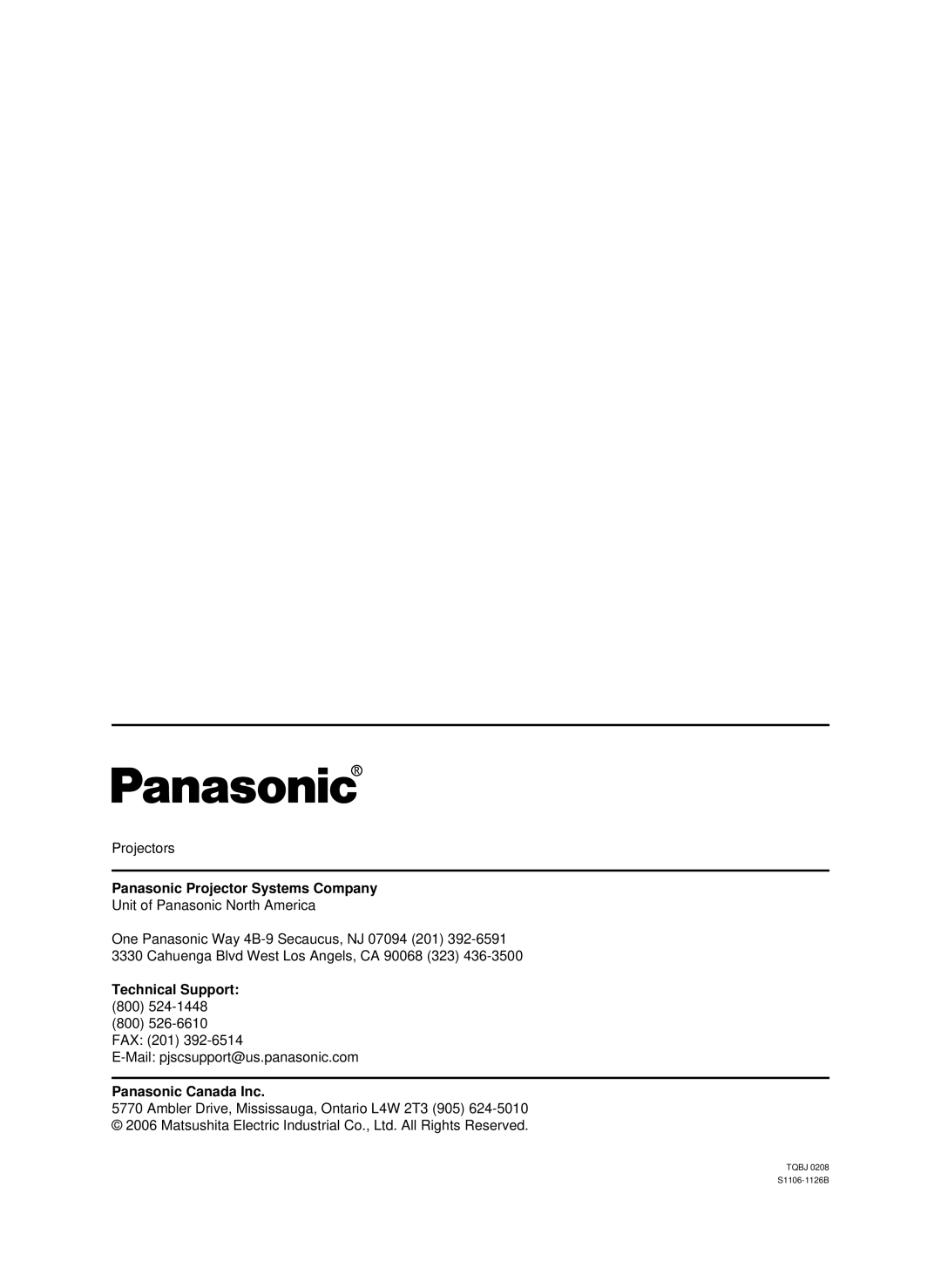 Panasonic DW10000U, PT-D10000U manual Panasonic Projector Systems Company, Technical Support, Panasonic Canada Inc 