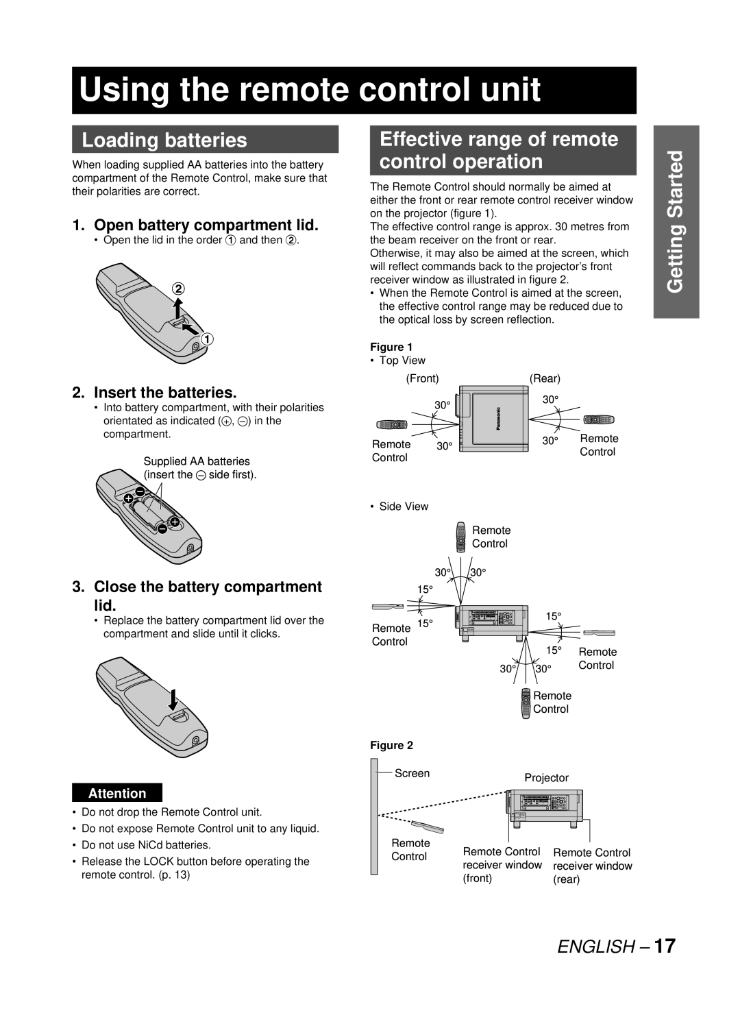 Panasonic PT-D10000U manual Using the remote control unit, Loading batteries, Effective range of remote control operation 