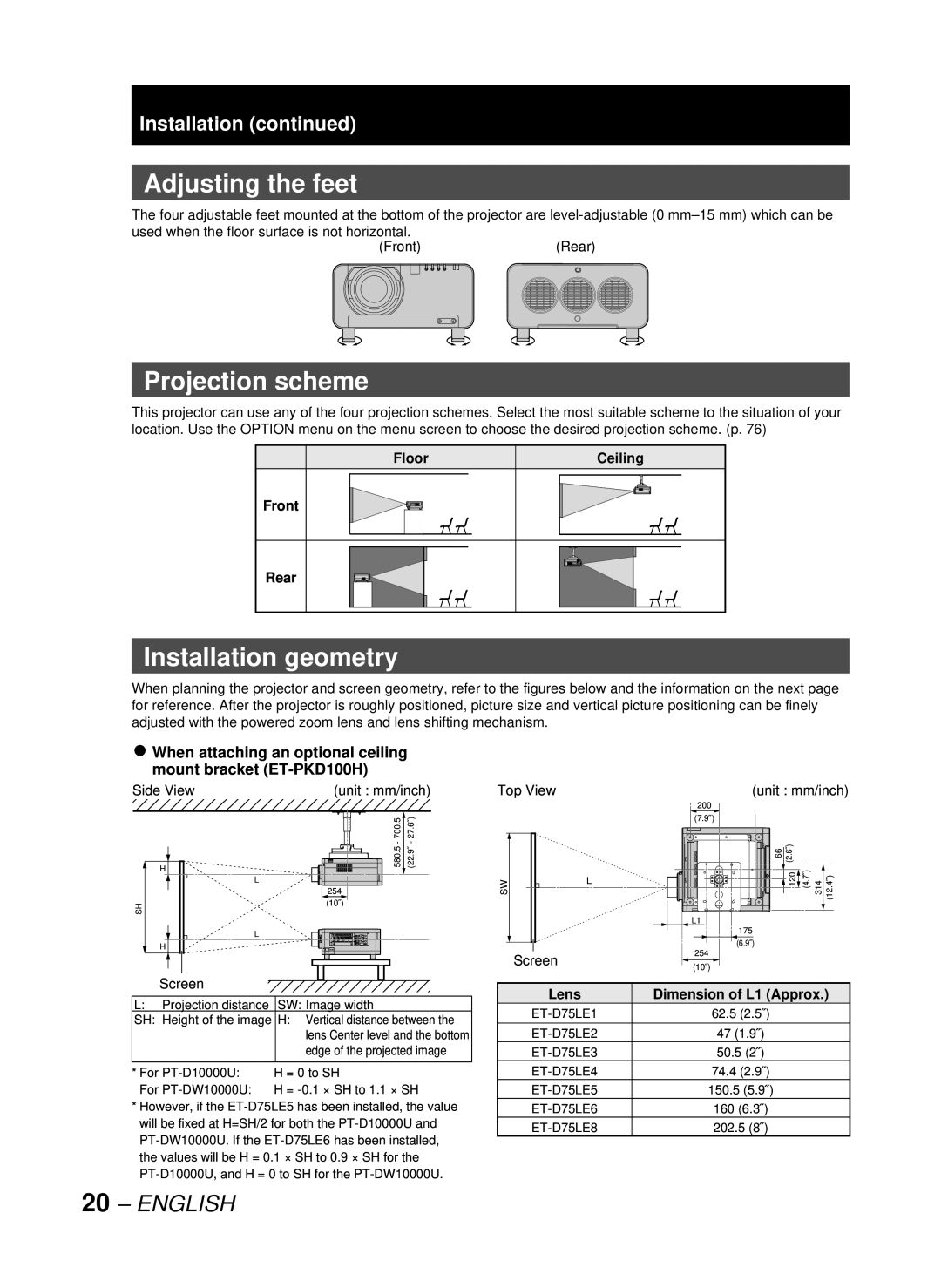 Panasonic DW10000U, PT-D10000U manual Adjusting the feet, Projection scheme, Installation geometry 