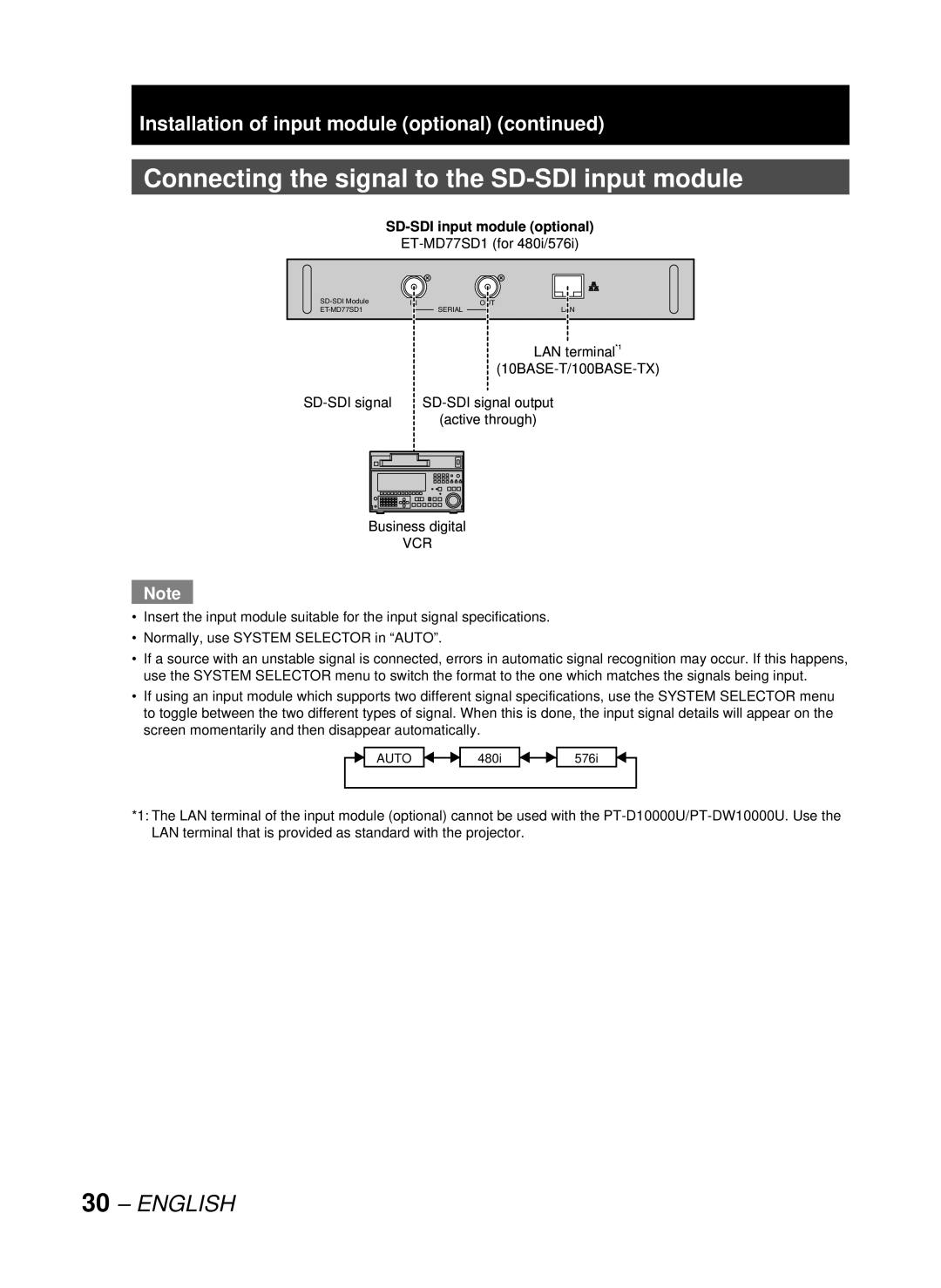 Panasonic DW10000U Connecting the signal to the SD-SDI input module, SD-SDI input module optional, Business digital, Vcr 