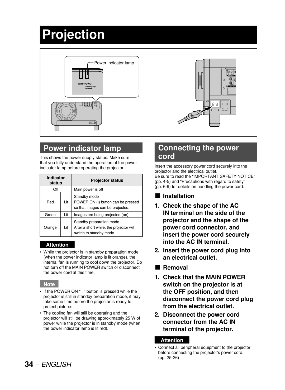 Panasonic DW10000U, PT-D10000U manual Projection, Power indicator lamp, Connecting the power cord, Installation 