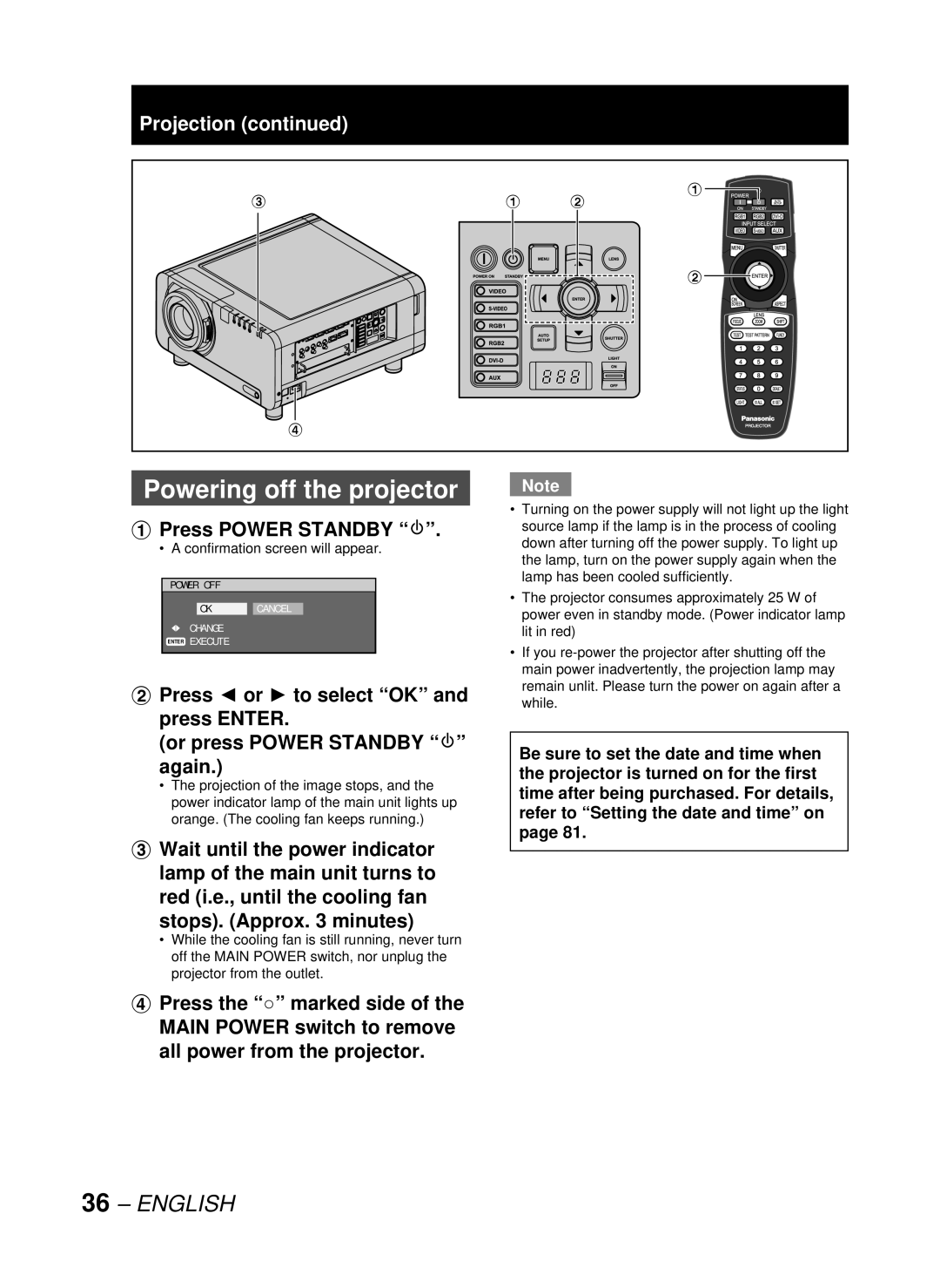 Panasonic DW10000U, PT-D10000U manual Powering off the projector, # Press Power Standby, Confirmation screen will appear 