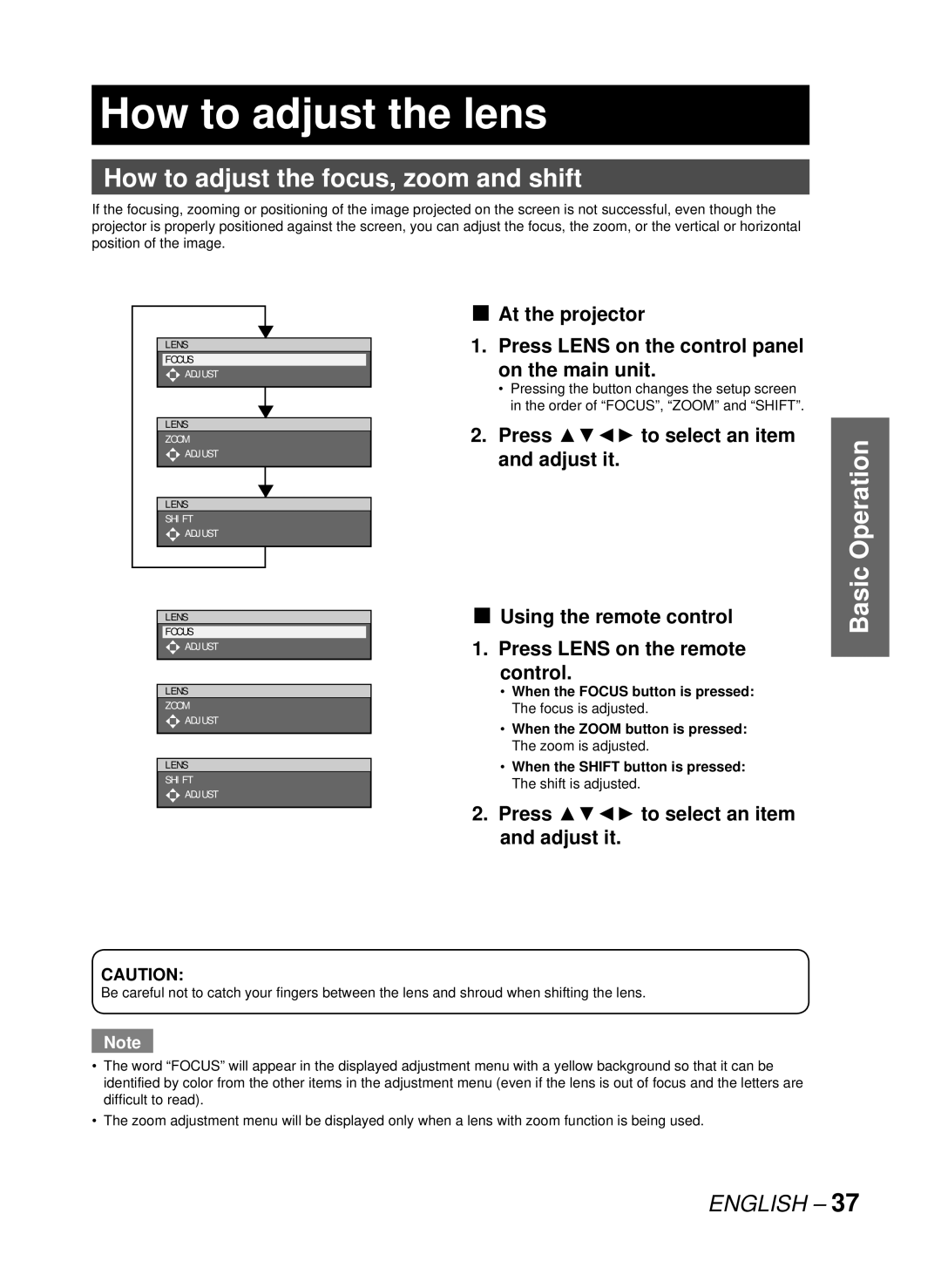 Panasonic PT-D10000U, DW10000U manual How to adjust the lens, How to adjust the focus, zoom and shift 