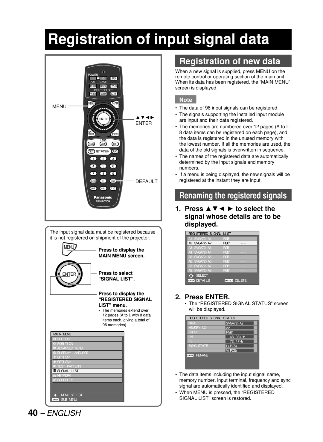 Panasonic DW10000U, PT-D10000U Registration of input signal data, Registration of new data, Press Enter, Press to display 