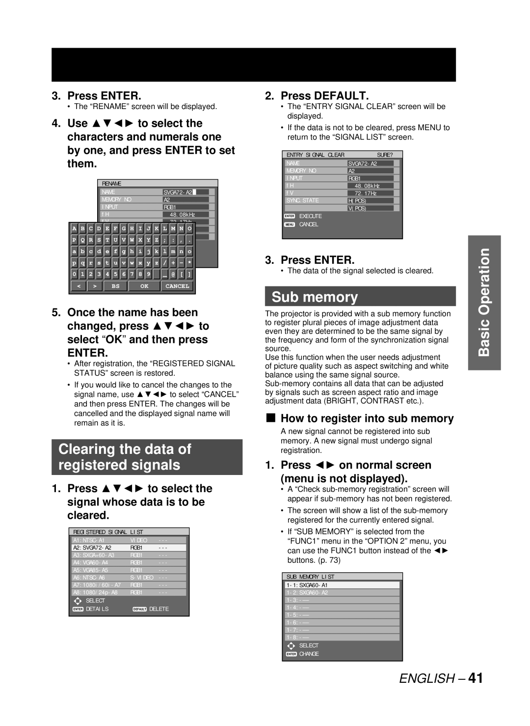 Panasonic PT-D10000U, DW10000U manual Clearing the data of registered signals, Sub memory, Enter 